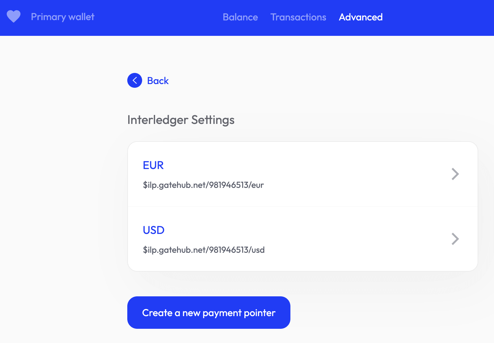 Interledger settings section showing the full addresses of the user's two payment pointers